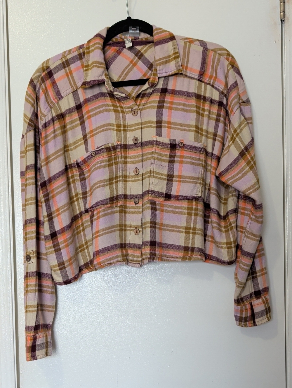 Free People Plaid Button-Up Shirt in Pink, Olive & Pink Cropped Size Small